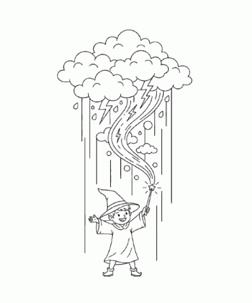 Ausmalbild junger Zauberer erzeugt Sturm