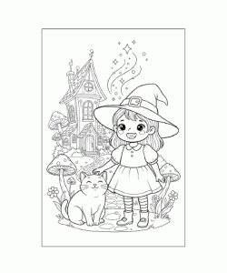 Ausmalbild junge Zauberin mit Katze