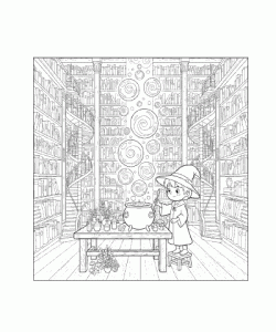 Ausmalbild junger Zauberer in Bibliothek