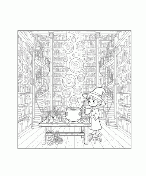 Ausmalbild junger Zauberer in Bibliothek
