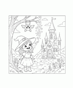 Ausmalbild junge Zauberin mit Fledermaus