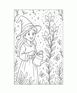 Ausmalbild junge Zauberin mit Zauberpflanze