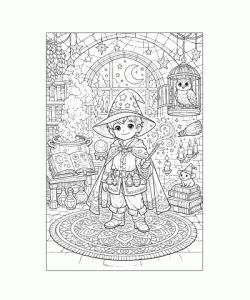 Ausmalbild junger Zauberer am Kessel