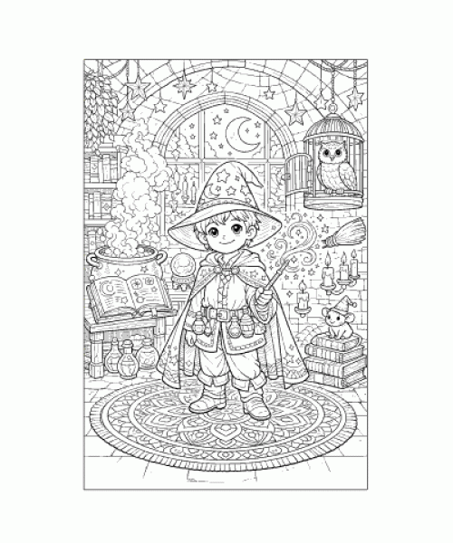 Ausmalbild junger Zauberer am Kessel