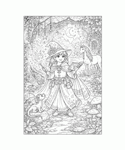 Ausmalbild junger Zauberin mit Einhorn