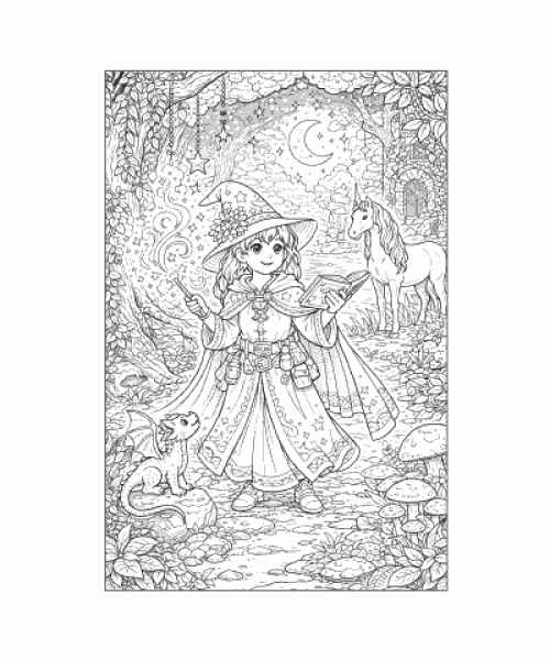 Ausmalbild junger Zauberin mit Einhorn