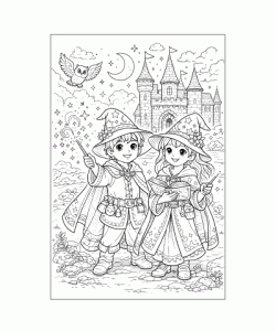 Ausmalbild Zauberer & Zauberin vor Schloss