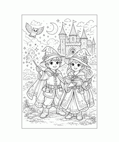 Ausmalbild Zauberer & Zauberin vor Schloss