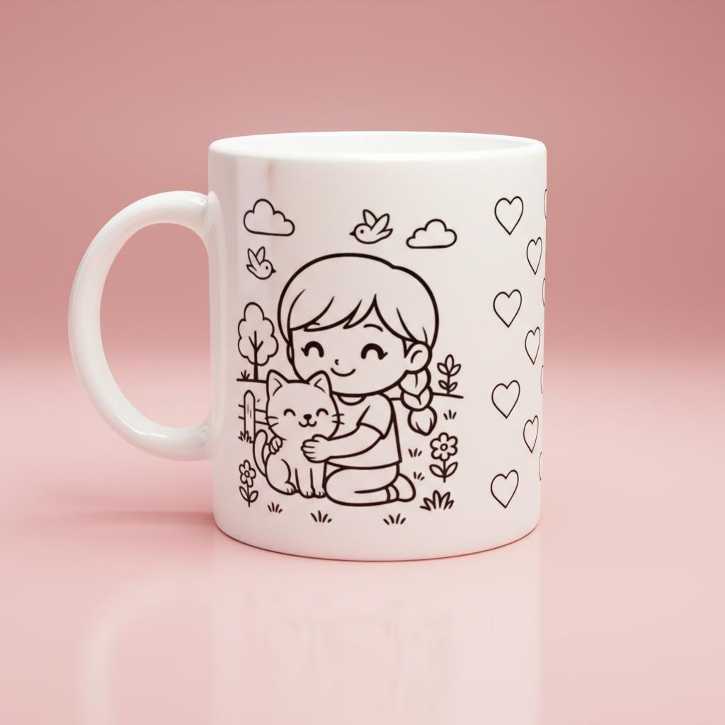 Ausmalbare Tasse mit Mädchen & Katze – Bild 2